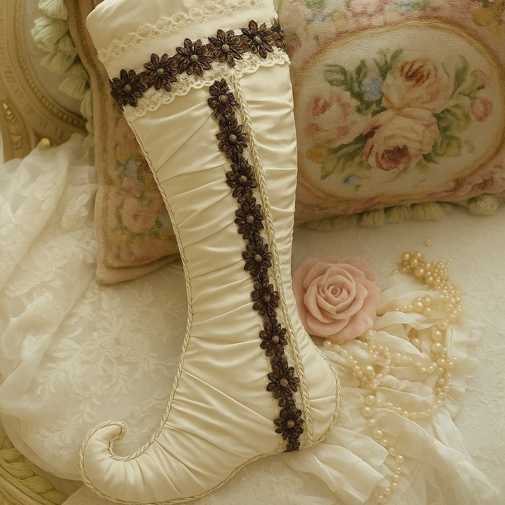 CHRISTMAS HOLIDAY STOCKING‎ CURLY TOE 22X13 LUXURIOUS Cream Satin